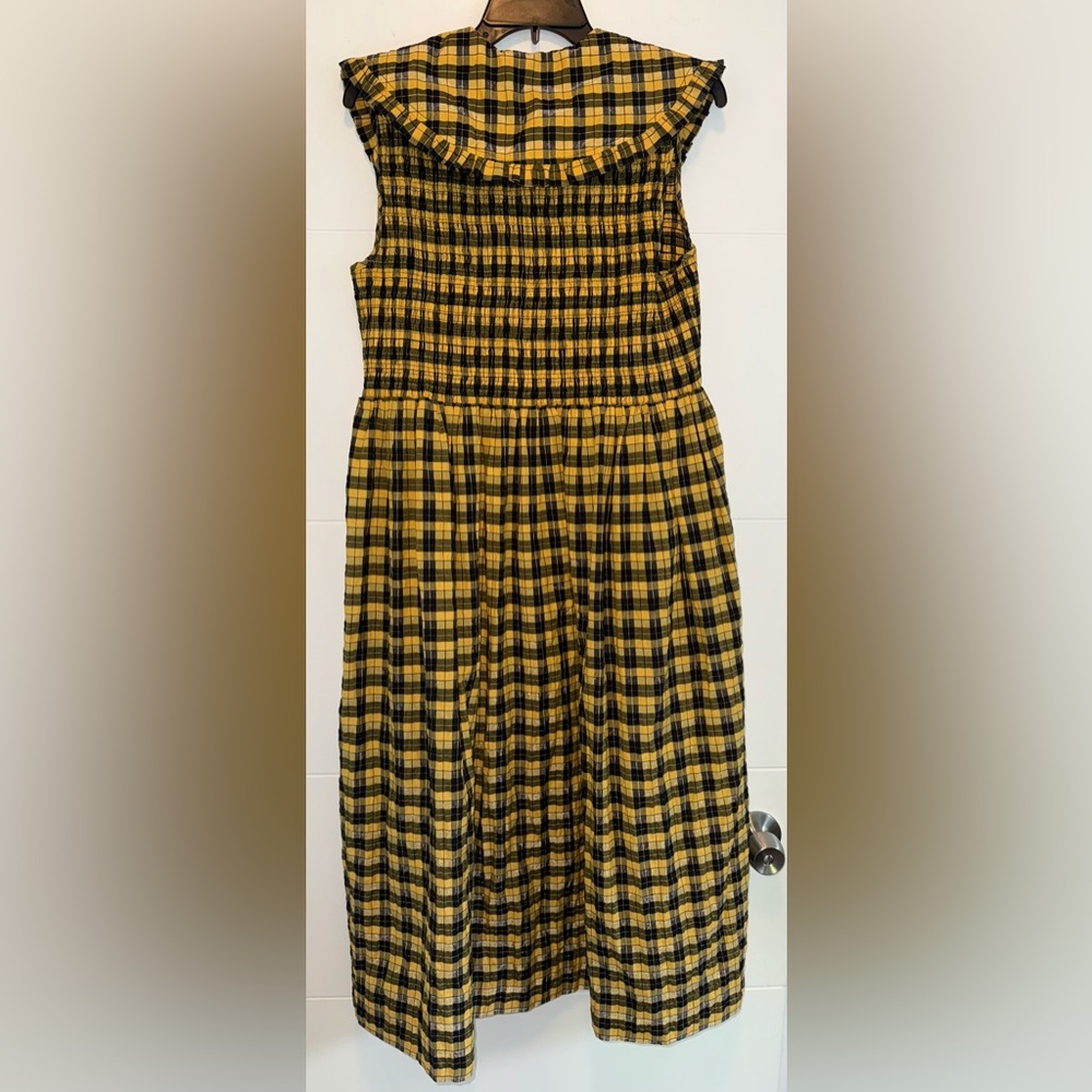 GANNI Collared Plaid Shirred Gingham Seersucker Yellow Maxi Midi Dress 36/ US 6 - Picture 7 of 8